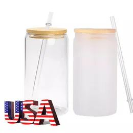 Mazoho USA Warehouse Bulk Wholkale 16oz Clear Frosted Glass Can Can Poolimation Wide Mouth Jar Tumbler with Lid and Straw