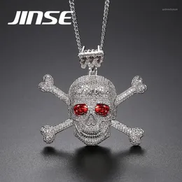 Jinse Full Rhinestone Punk Red Cz Stone Skeleton Skull Pendants Halsband för män Guldfärg Hip Hop Jewelry Gift Rope Chain1313b