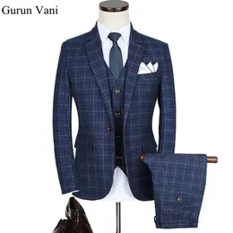 Herrenanzüge Blazer DHL Blau Plaid Fischgrät Retro Gentleman Stil Maßgeschneiderte Schneider Anzug Blazer Für Männer 3 Stück248E