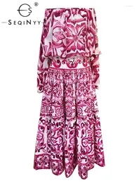 Vestidos de trabalho seqinyy conjunto de alta qualidade verão primavera design moda feminina pista blusa seda algodão saia rosa flor impressão sicília