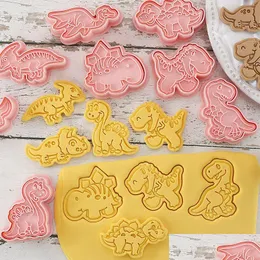 Baking Moulds Mods 8Pcsset Cookie Cutters Animal Dinosaur Type Stamp Embosser For Biscuit Pastry Bakeware Molds Kitchen Accessories Dh9Am