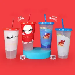 24oz/710 ml Jul Halloween Mugs Color Changing Cups Cold Changing Drink Tumbler With Straw Fruit Te PP Temperaturkänsliga plastvattenflaskor FY558 E1018