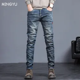 Men s jeans 2023 Autumn Winter Vintage Blue Solid Colast Elastic Classic Men Slim Fashion Denim Trousers Man 27 38 231017
