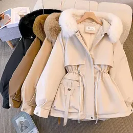 Kadınlar Aşağı Parkas JMPRS Kadın Gözler Kapşonlu Kıllı Yakalı Kalın Sıcak Pamuk Giysileri Kore Sonbahar Kış Ceketi Drawstring Fermuar Lady Coat 231018