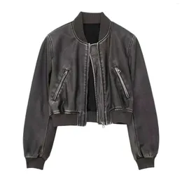 여자 재킷 2023 가을 미국 오토바이 가짜 가죽 조종사 재킷 탑 유럽과 매운 소녀 스탠드 목 짧은 코트