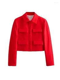 Damskie garnitury Yenkye Fashion Women Red Cropped Flap Blazer Long Rleeve Lap Cllar Office Ladies Sumping Kurtka