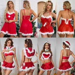 Pijamas sexy Ropa de dormir de Navidad Uniforme de encaje Vestido de babydoll transparente Disfraces de cosplay eróticos Año Conjunto de lencería roja 231017