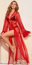 Sexy Pyjamas Weibliche Nacht Robe Transparent Einfarbig Langarm Spitze Strickjacke Kleid mit Gürtel Dessous für Frauen 231017