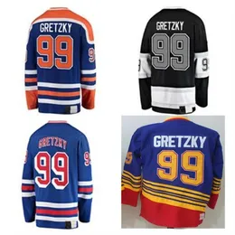 CCM 빈티지 99 Wayne Gretzky Jersey 리버스 레트로 은퇴 블루 화이트 블랙 오렌지 1979 1988 1996 하키 유니폼 유니폼 남성