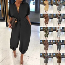 13 Colors Womens Jumpsuits Rompers V-Neck Casual Jumpsuit Women Short Sleeve Button Loose Large Size Long Overalls Fashion Female3081