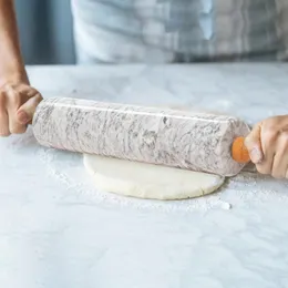 Rolling Pins Pastry Boards Deluxe Marble Rolling Pin with Wood Handle and Base Nonstick Cake Pizza Tools Save Effort Rolling Pin for Bread Pasta Pie 231018