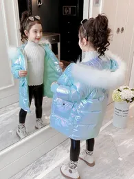 ダウンコートolekid冬の女の子のための光沢のあるジャケットフード付き暖かい子供の女の子冬コート3-14歳の子供10代の綿パーカスアウター231017