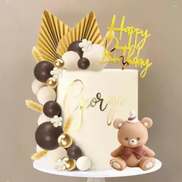 Party Supplies 27Pcs Bear Cake Toppers Boho Khaki Brown Balls Gold Happy Birthday Topper Stand For Baby Shower Decoration