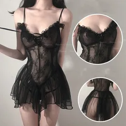 Sexy Pyjamas Lingerie Black Lace Short Nightdres Perspective Underwear Suspender Slim Dress Lolita Exotic Costume For Sex 18 Suit 231017