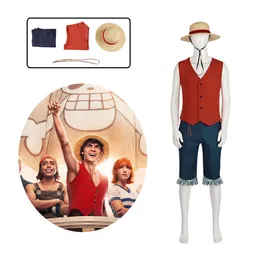 映画Luffy Cosplay Costume Anime Monkey D Luffy Cosplayユニフォームシャツパンツハット衣装ハロウィーンパーティーコスチューム