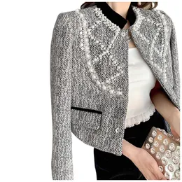 Autumn New Women's Stand Collar Royal Style Woolen Grey Color Beading Rhinestone Kort jacka SMLXLXXL