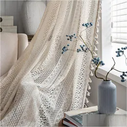 Sheer cortinas boho chique cloghet geometria janela de malha fazenda retro bege drape simi cortina para quarto sala estar tj7036 dro dhsqi