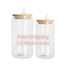 Custom China USA CA Warehouse 16oz Clear Matte Sublimation Billet Glass Mason Jar Jar Bamboo Bamboo Bamboo Cesto con paglia 4.23
