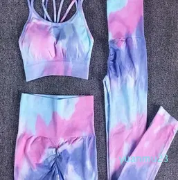 Kvinnor Dye Sportswear Yoga Set Workout Leggings Push Up Pant Gym Shorts Seamless Fitness Sports Bh Tracksuit Suit