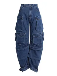 Jeans femininos multi bolso personalidade design cor sólida y2k baggy jean high street hip hop perna larga casual reto cintura alta jean 231018