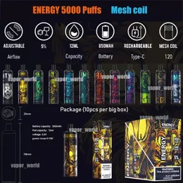 Yeni Enerji 5000 Puflar Kiti Tek Kullanımlık E Sigara Mesh Bobin Cihazı Vape Önceden doldurulmuş Pod 12ml şarj edilebilir buhar kalemi vs Tornado 7000 Ultra 2500 Infinity 3500 M.Ö.