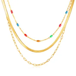 Gold Fashion Luxury Colorful Drop Glue Accessories Jewelry Multi-layer Snake Bone Chain Stainless Steel Necklace For Women 18inch