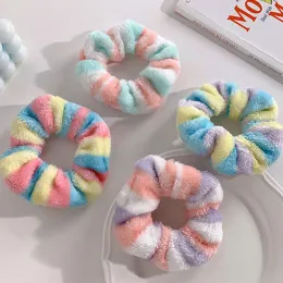 Winter Plush Lady Hair Scrunchies Fluffy Striped Rainbow Hair Rope Faux Fur Ponytail Hair Tie Autumn Women Hairband Accessories