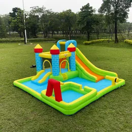 Castle Bounce House With Hoop Sports Water Park Fun Slide and Jump Area Basketball Hoop Brick Wall Theme for Kids Birthday Party Games gummibåtar för barnleksaker gåvor