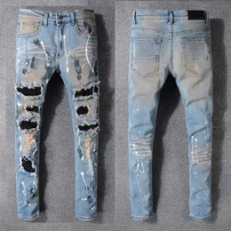 Moda erkek kot pist ince yarışçı biker kot #1135 hiphop sıska erkekler denim yırtık joggers pantolon erkek kırışıklık jean trouse1893