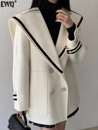Женское полушерстяное пальто EWQ, винтажное контрастное цветное двубортное кашемировое пальто в полоску с большими лацканами, свободная шерстяная куртка, осень 16U555612 231018