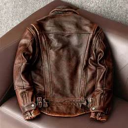 Men S Leather Faux Style äkta jacka Vintage Brown Cowhide Coat Men Slim Fashion Biker Asian Storlek 6xl Factory Drop 231018