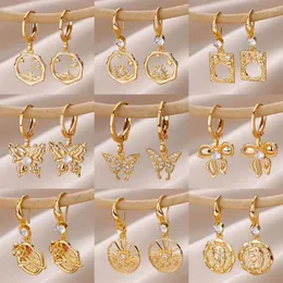 Hoop Earrings Stainless Steel For Women Luxury Zircon Flower Butterfly Hollow Out Drop Earring Trend Wedding Jewelry Gift