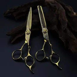 Sax Shears Professional 6 '' Gold Damascus Hårklippande sax Blommor Skruv Haircut Thinning Barber Tools Shears Frisörsax 231018