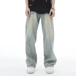 Męskie bluzy bluzy w lupgy dżinsy mężczyźni szeroka noga prosta noga topstitched szew solidny unisex taniec hip hop rap luźne spodnie Y2K High Street Denim Pants 231018