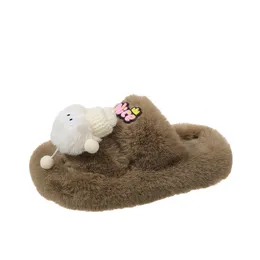 Cute cartoon furry slippers girl autumn and winter fashion ins tide 2023 new net red furry home cotton mop snow boots winter short shoes khaki