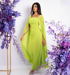 Elegant Long Green Muslim Chiffon Evening Dresses With Cape A-Line Pleated Square Neck Prom Dress Ankle Length Party Dresses for Women