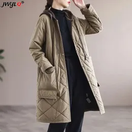 Femmes vers le bas Parkas hiver surdimensionné 4xl à capuche simple boutonnage grande poche mi-longue femmes manteaux Vintage léger vêtements d'extérieur chauds vestes amples 231018