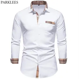 PARKLEES Autunno Plaid Patchwork Camicie formali per uomo Slim manica lunga Camicia bianca con bottoni Abito da ufficio Camisas 220222225k