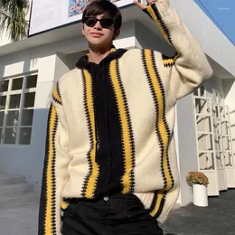 Men's Sweaters Knitted For Men Beige Striped Man Clothes Fleeced Pullovers Hoodies Neck Large Big Size Elegant Korean 2023 Autumn Fun