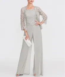 Elegant lång spets jumpsuit mamma till bruden klänningar a-line chiffong silver fyrkantig nack brudgum mamma klänningar med jacka la madre del vestido de novia för kvinnor