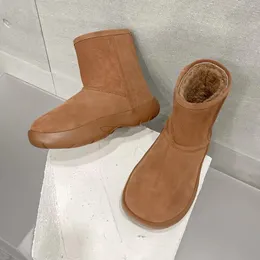 Moda quente botas de neve moda feminina meia bota luxo designer bota confortável salto plano casual sola grossa dedo do pé quadrado lã couro fosco botas de motocicleta