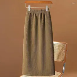 Skirts Autumn Winter Womens Corduroy Pencil Casual Elastic Waist A-line Split Skirt Simple Female Fleece Warm Mid-calf