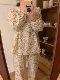 Pijamas femininos casa bonito cereja laço outono manga longa pijama conjunto feminino macio coreano elegante casual) confortável princesa ins