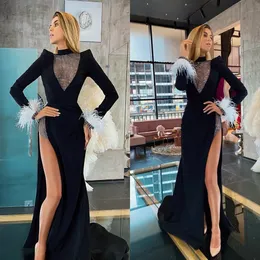 Prom Party Gown Black Evening Dresses New Zipper Plus Size Custom Lace Up A Line Floor-Length Long Sleeve High Neck Satin Thigh-High Slits Feather