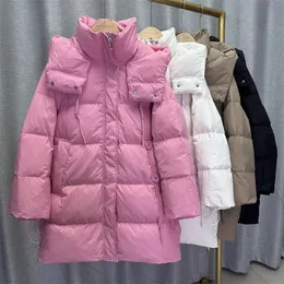 Kvinnor Down Parkas Winter Women White Goose Coat Korean Fahion Midlängd kärlek Button Puffer Jacket tjock varm huva snöutkläder 231018