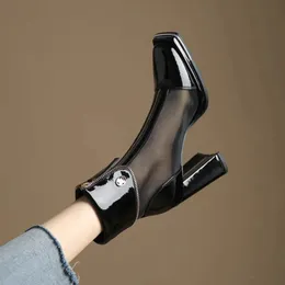 ブーツセクシーな黒いメッシュハイヒールアンクルブーツ女性秋のフロントジッパーパテントレザーブーツ女性スクエアトゥシックヒールポンプ231018