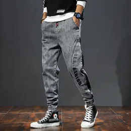 Men s hoodies tröjor mens jeans vårgrå denim pants joggers stretch baggy tvättad sida lapptäck elastiska wiast män homme 231018