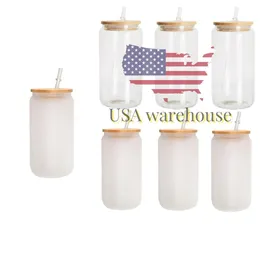 USA CA Warehouse Coffee Soda 16oz Libby Bierdosenformgläser, mattiert, klar, Sublimationsbierglasbecher mit Deckel und Strohhalm