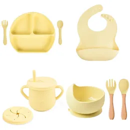 Cups, Dishes & Utensils Cups Dishes Utensils 468Pcs Baby Soft Sile Bib Dinner Plate Suction Cup Bowl Spoon Fork Set Non-Slip Food Grad Dhbgj