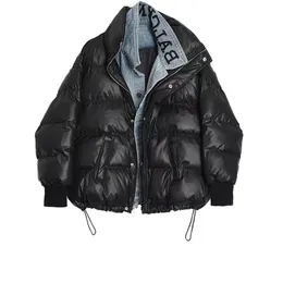 Mulheres jaquetas de inverno puffer algodão acolchoado casaco falso duas peças moda denim emendado parkas casacos manga longa solto casacos designer feminino